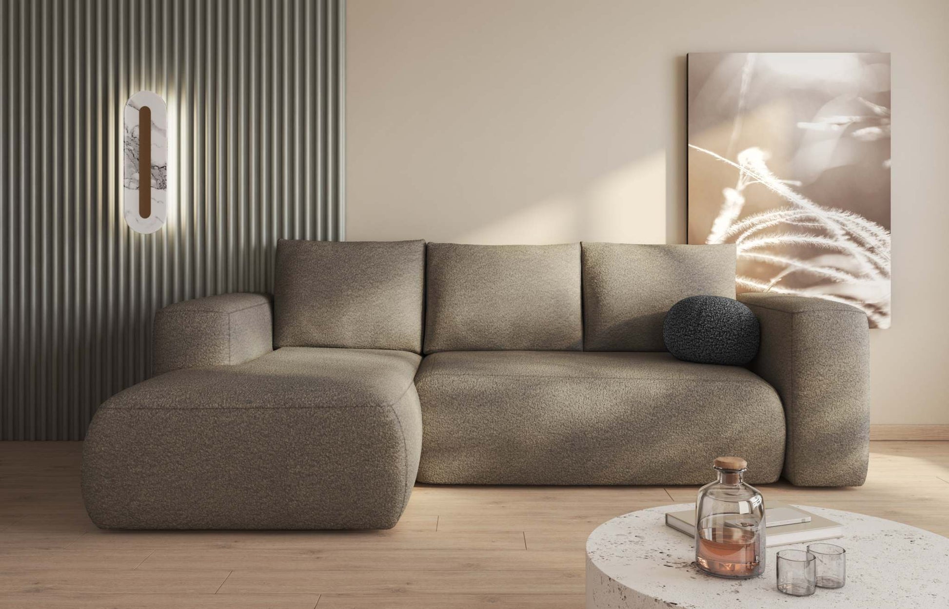 LAMBI corner sofa bed in multicoloured upholstery, convertible, Polish design.