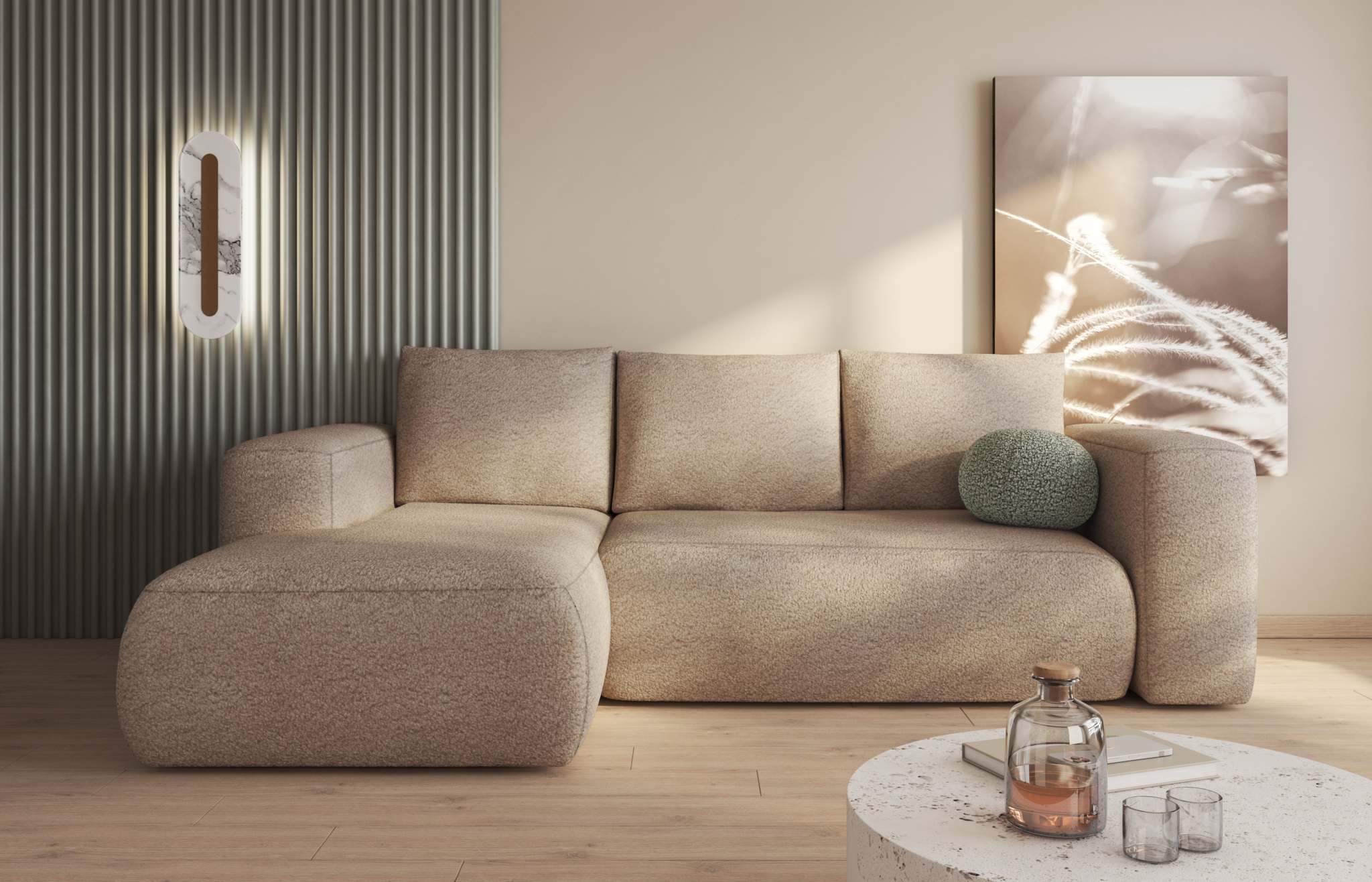 LAMBI corner sofa bed in neutral fabric, modern design, lounge setting.